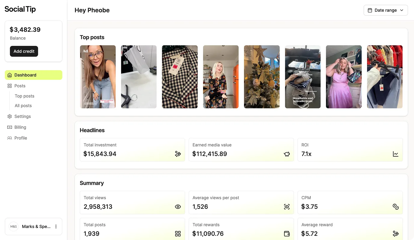 Social Tip brand dashboard