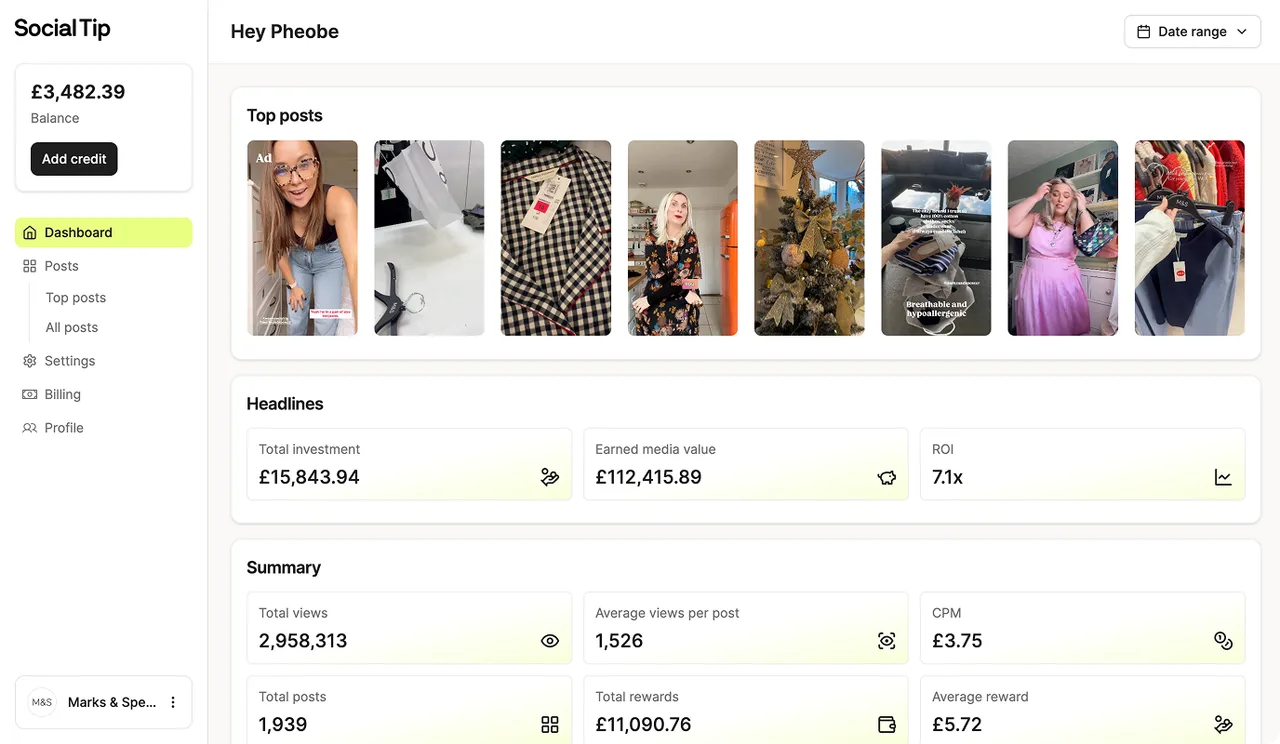 Social Tip brand dashboard